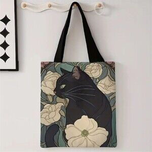 Black cat tote bag shopping accessory floral kitty bag